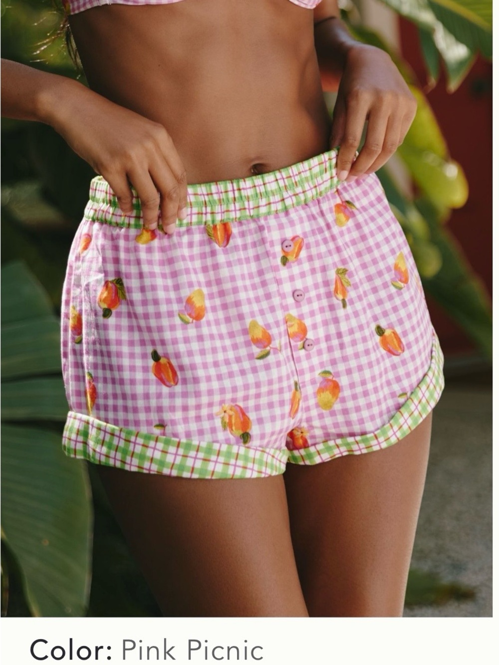 FARM Rio Pink Gingham Peach-Print High-Waist Shorts with Green Trim